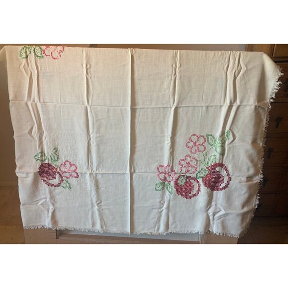 Pale yellow Vintage Linen Blend Handmade Tablecloth with Cross Stitched Cherries - Picture 5 of 7